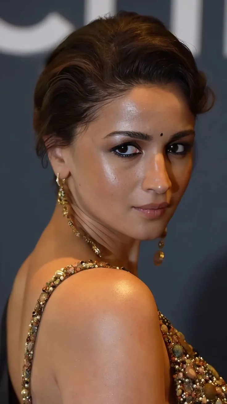 Close-up portrait of Alia Bhatt with wet hairstyle, small bindi, and embellished strap outfit